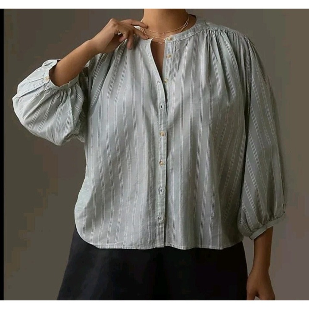 Anthropologie Maeve Striped Balloon Sleeve‎ Button Down Blouse Sage Green White